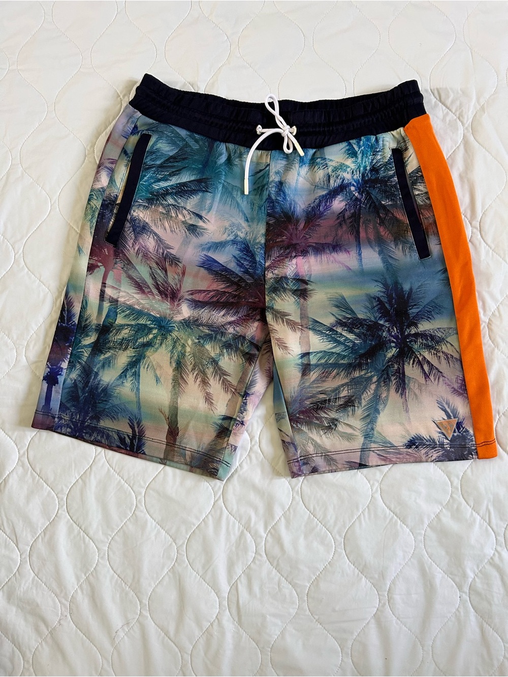 Guess Men's Palm-Print Swim Trunks with Orange Side Panel